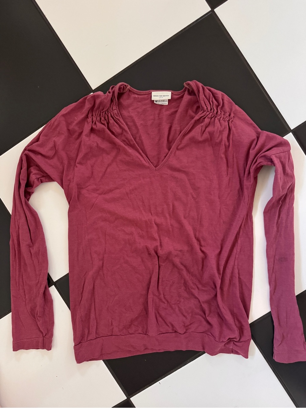 Dries Van Noten 90s Gathered Shoulder knit V-Neck Long Sleeve Top - Berry S